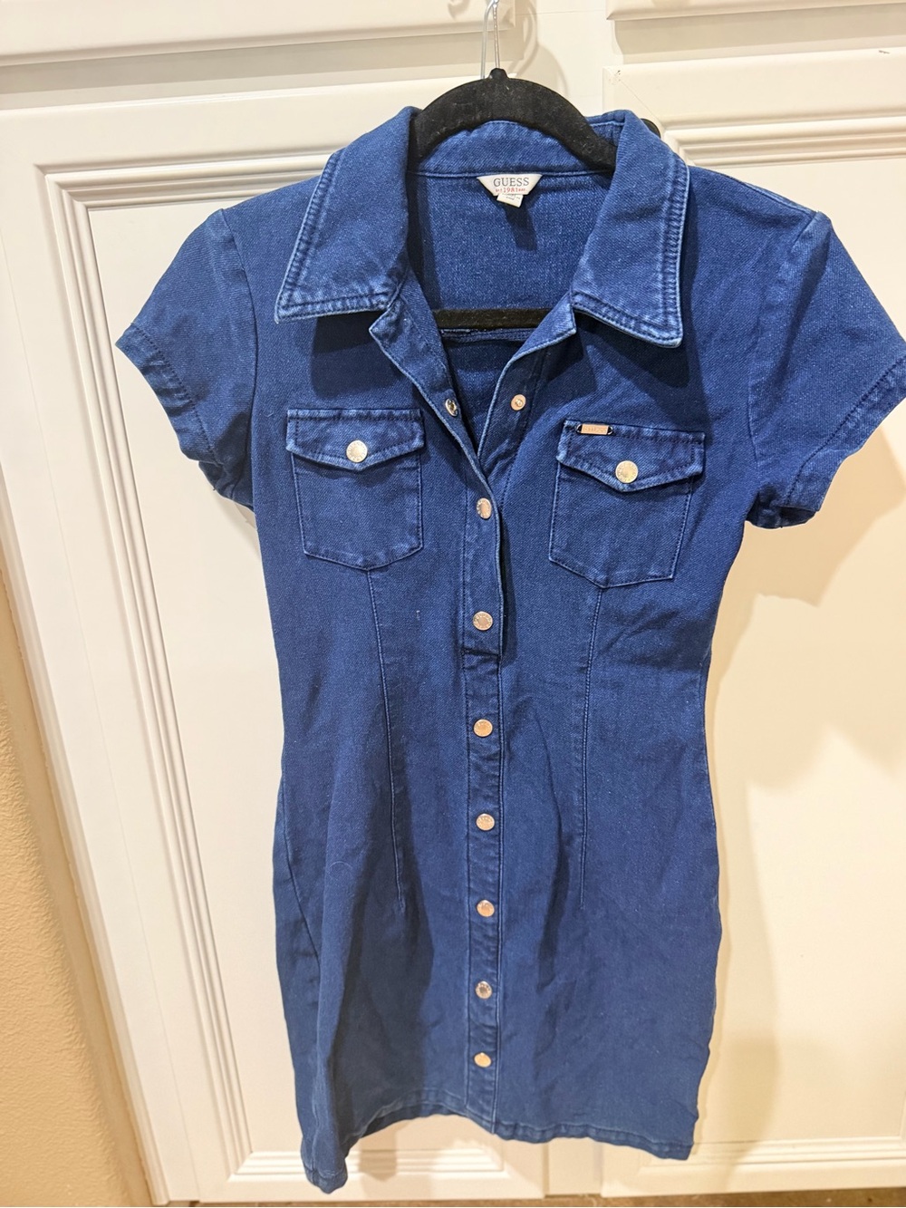 Guess Blue Denim Short-Sleeve Button-Front Mini Dress